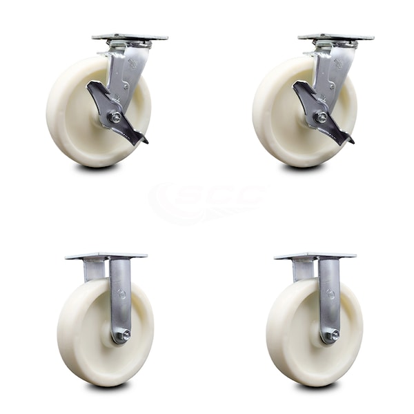 8 Inch Nylon Caster Set with Roller Bearings 2 Brakes 2 Rigid